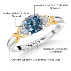 Gem Stone King Customized Personalized Engraved Build Your Own Cushion Cut Birthstone 925 Silver and 10K Yellow Gold Lab Grown Diamond Engagement Ring (Size 7)