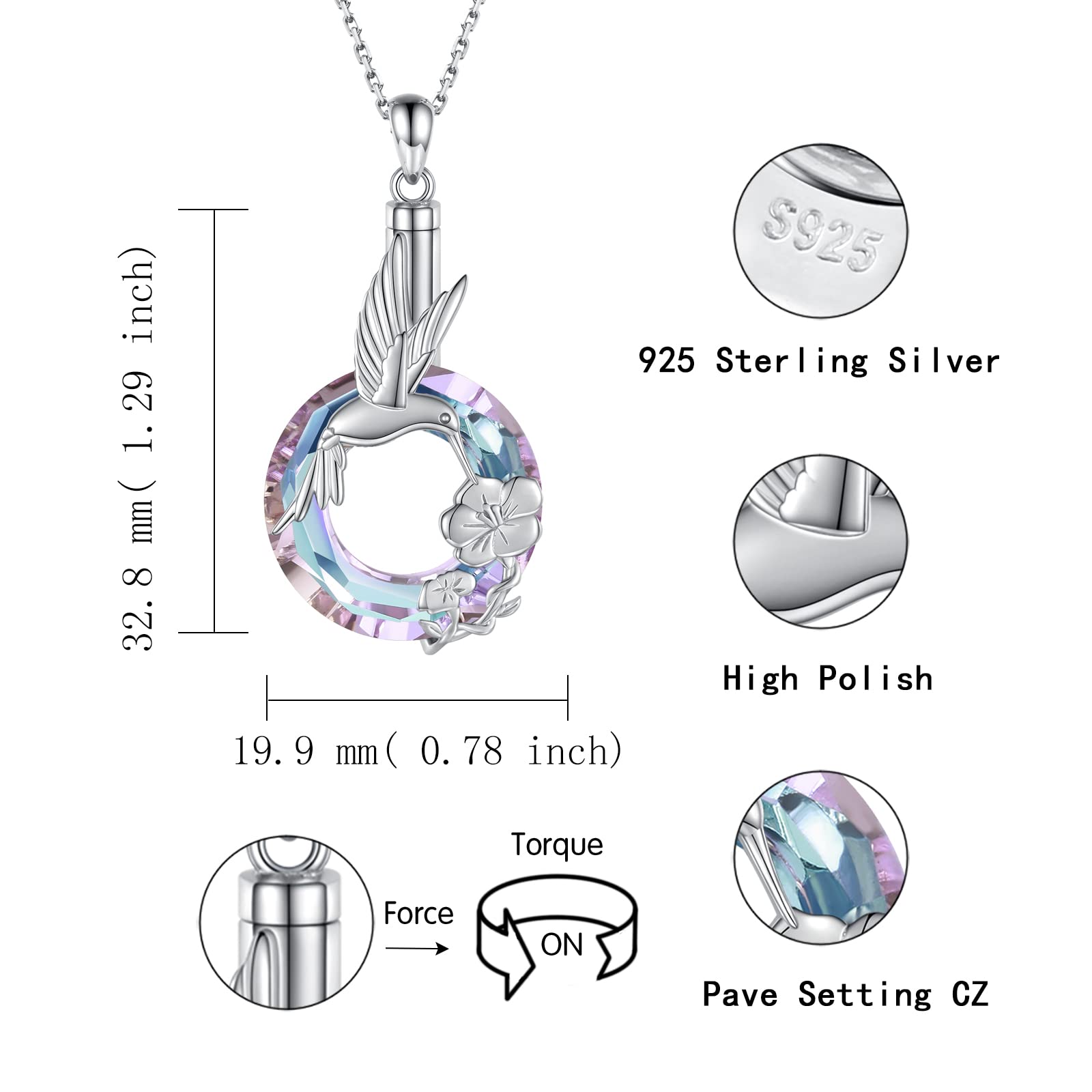 925 Sterling Silver Butterfly Hummingbird Rose Urn Necklace for Ashes Crystal Cremation Pendant Memorial Jewelry for Women (Hummingbird (Purple))