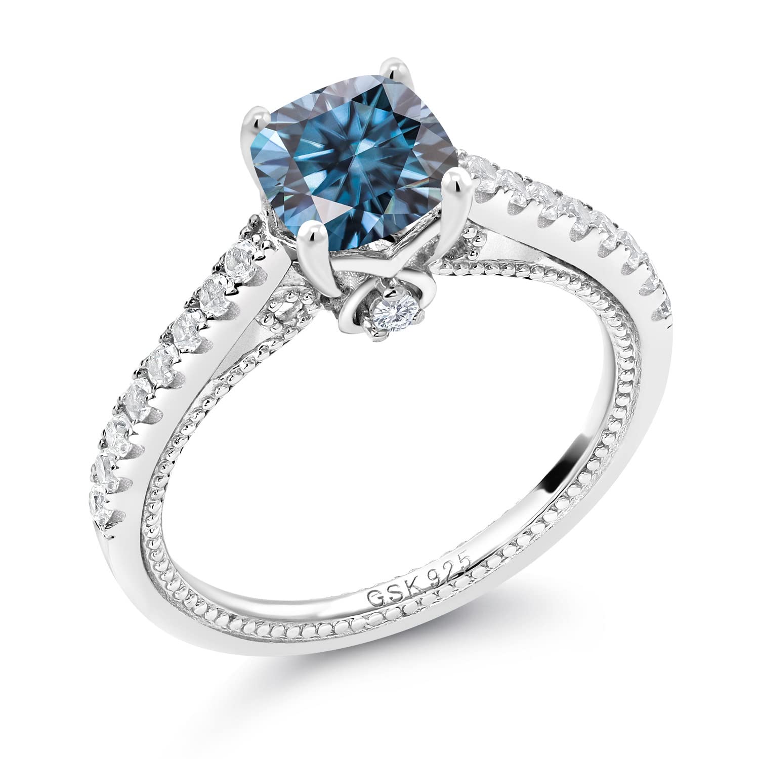 Gem Stone King 925 Sterling Silver Persian Blue Moissanite and White Created Sapphire Engagement Ring For Women (1.27 Cttw, Cushion 6MM, Gemstone Birthstone, Available In Size 5, 6, 7, 8, 9)