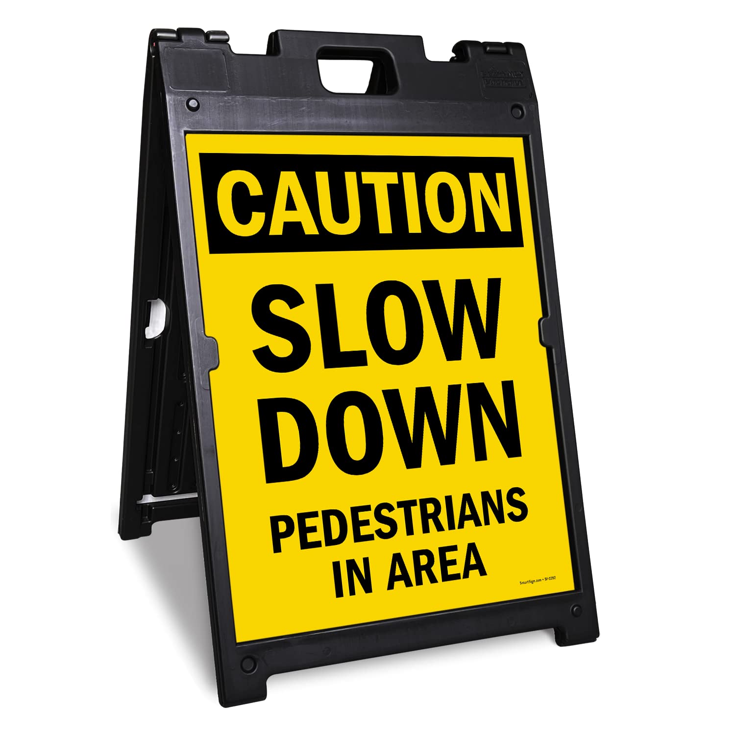 SmartSign 24 x 18 inch “Caution - Slow Down, Pedestrians In Area” Two-Sided BabyBoss A-Frame Sign Kit, Plastic, Black and Yellow (1 A-Frame + 2 Sign Panels), Made in USA