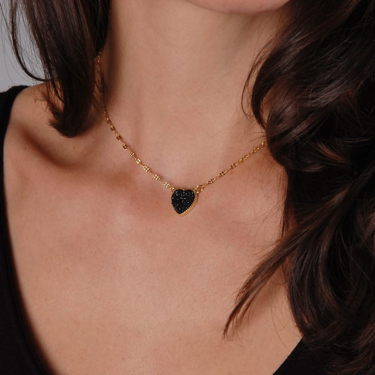 Black Heart Necklaces for Women - Black Necklaces for Women, Black Heart Necklace Gold Tone Simulated Druzy Chain, Black and Gold Necklace, Black Necklace for Women, Black and Gold Necklaces for Women