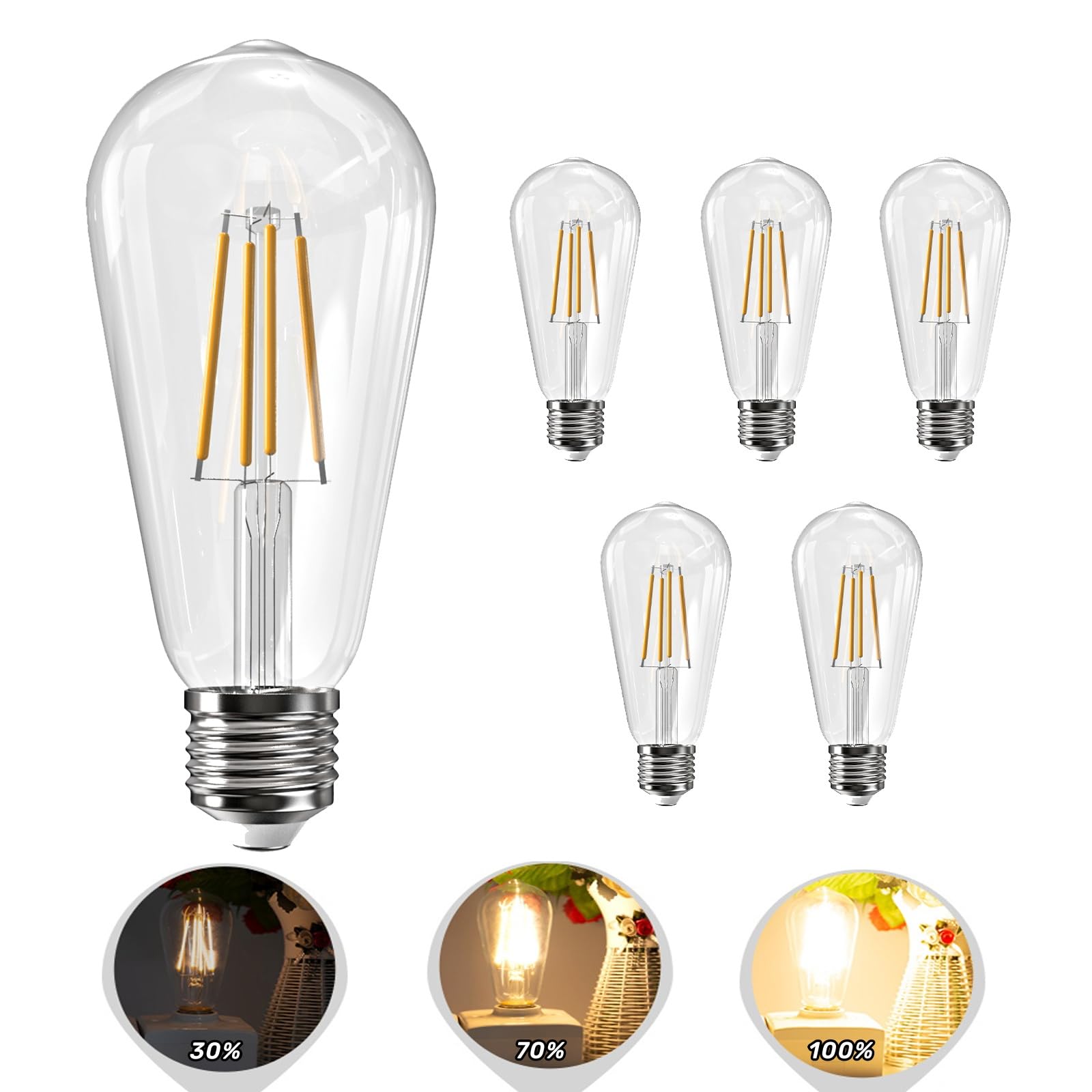 LED Edison Bulb E26 60 watt Light Bulbs Equivalent Dimmable 8W LED Bulb 2700K Warm White 800 Lumen Vintage LED Filament Bulbs Replacement Bulb for Kitchen Light Vanity Light Room Light, 6 Pack