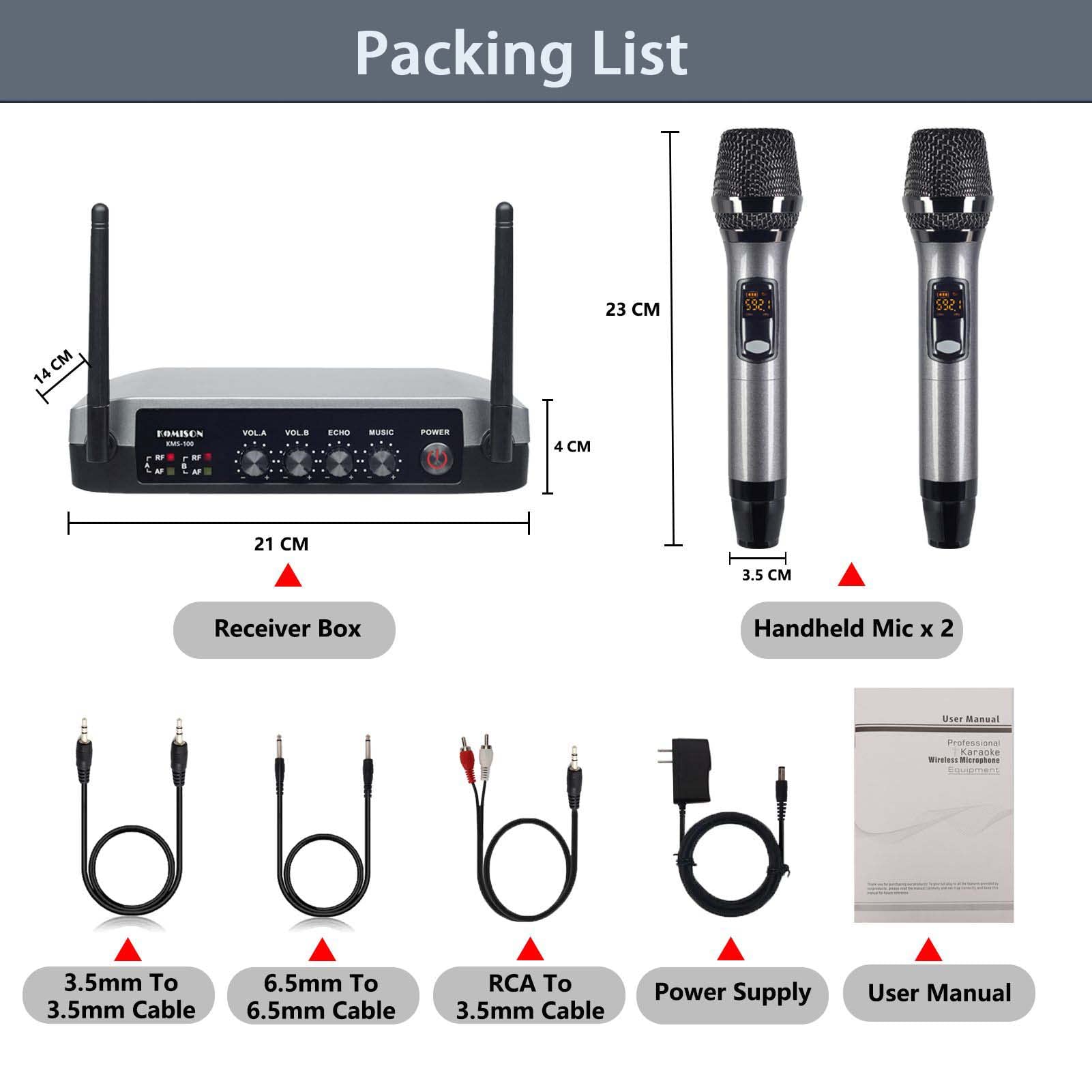 KOMISON UHF Handheld Wireless Karaoke Microphone System with Echo Cordless Mic Box with Receiver Metal for Singing Speech Meeting Church Wedding Home KTV Set, 280FT