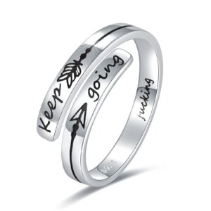 EJALEN 925-Sterling-Silver Inspirational Keep Going Rings - Adjustable Wrap Encouragement Arrow Ring Jewelry Inspirational Gifts for Women Men (White Gold)