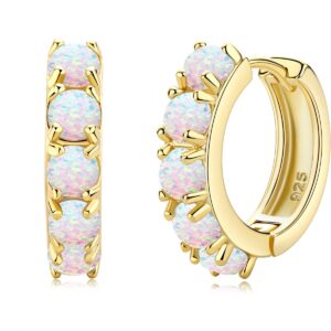 Sterling Silver Opal Hoop Earrings for Women, 14K Gold Plated Hypoallergenic Round Cut Earrings, Birthstone Birthday Gift Fine Jewelry for Her Mothers Day