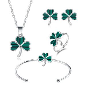 shamrock st. patrick's day necklace earrings ring bracelet jewelry set green three leaf heart clover jewelry gift for women (silver)