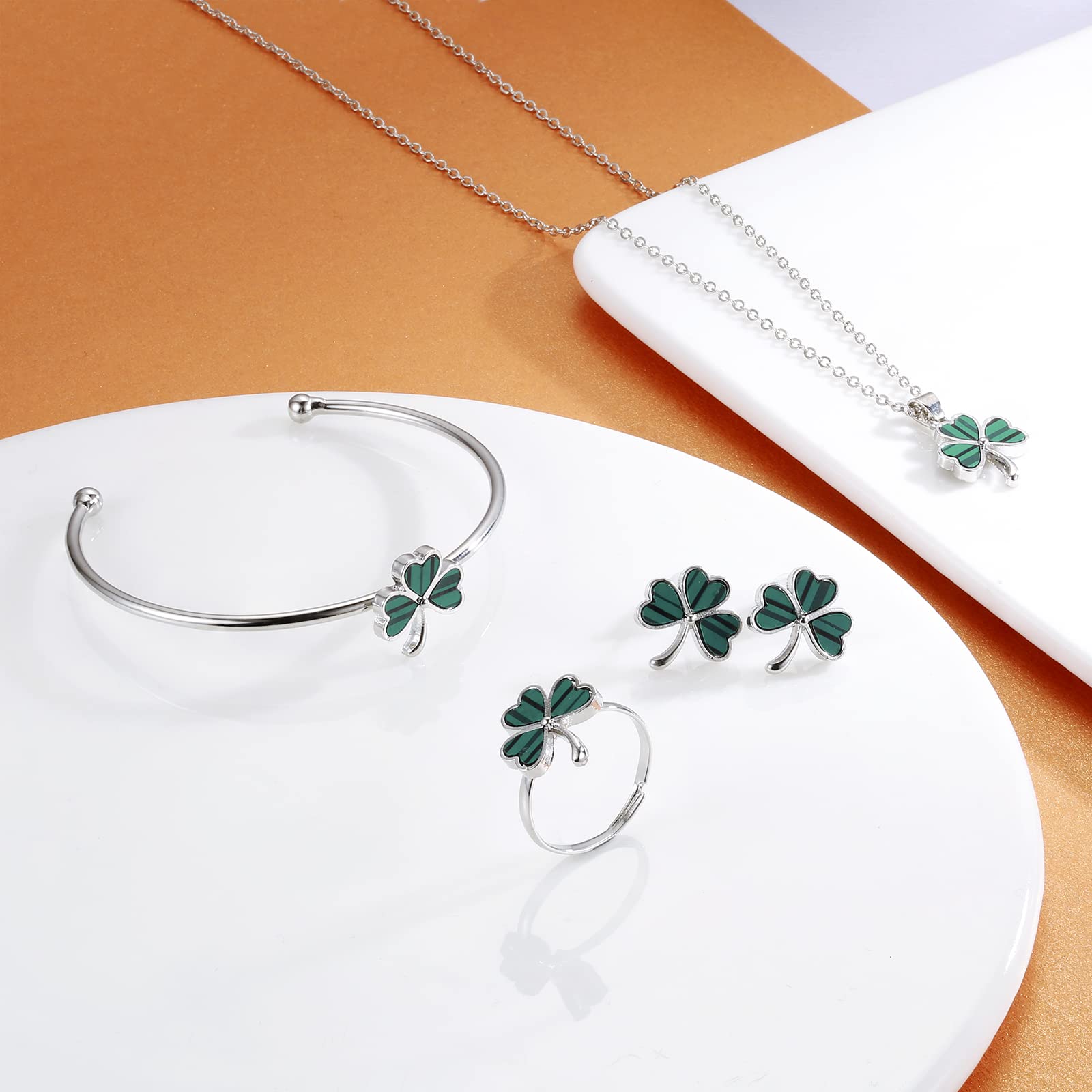 Shamrock St. Patrick's Day Necklace Earrings Ring Bracelet Jewelry Set Green Three Leaf Heart Clover Jewelry Gift for Women (Silver)