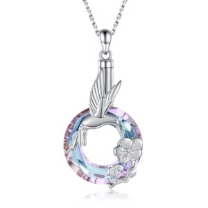 925 sterling silver butterfly hummingbird rose urn necklace for ashes crystal cremation pendant memorial jewelry for women (hummingbird (purple))