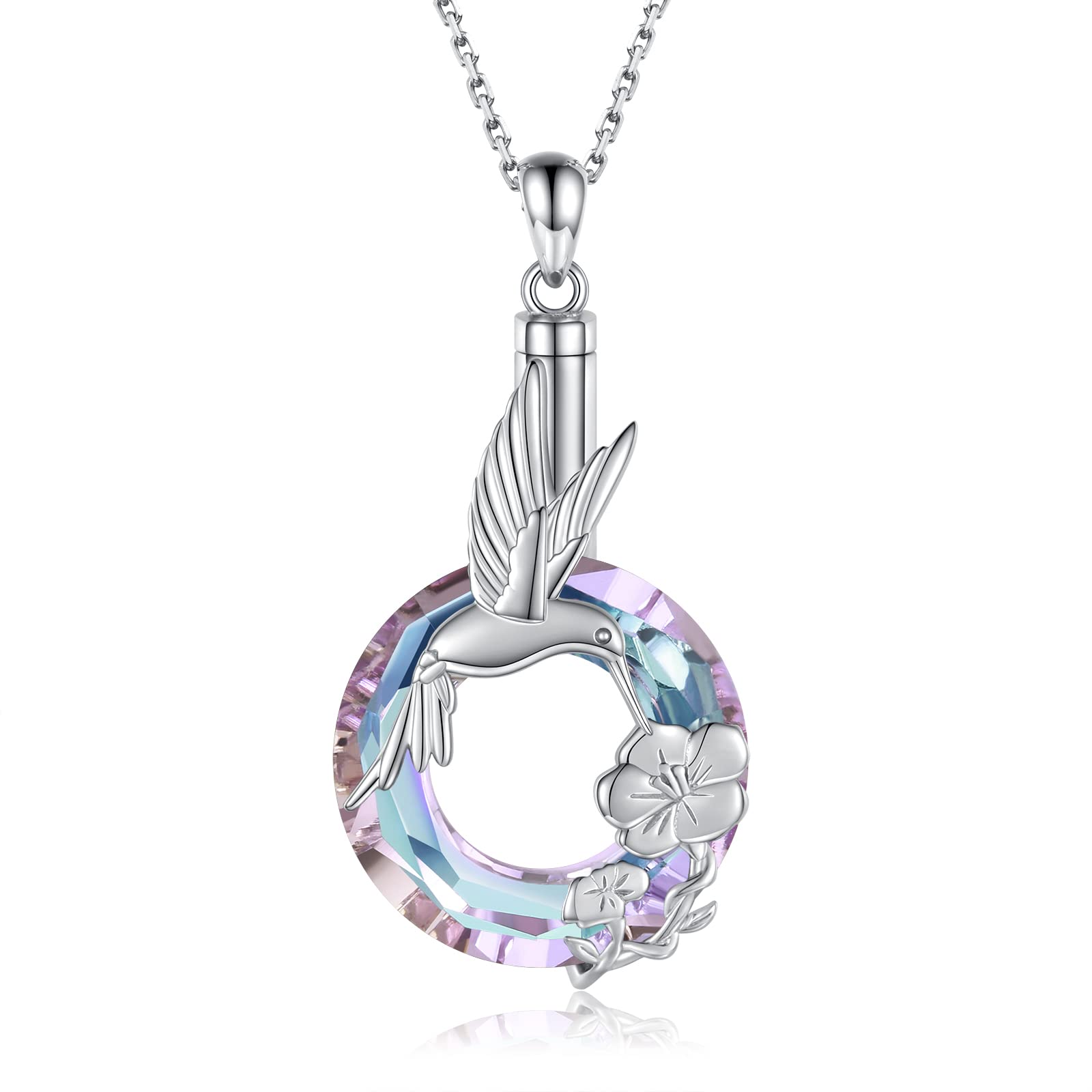 925 Sterling Silver Butterfly Hummingbird Rose Urn Necklace for Ashes Crystal Cremation Pendant Memorial Jewelry for Women (Hummingbird (Purple))