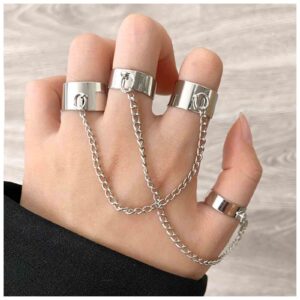 Yheakne Punk Chain Finger Rings Silver Open Cuff Rings Adjustable Knuckle Joint Rings Set Stackable Gothic Rings Statement Rings for Women and Girls Gifts