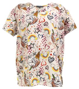 serene uniforms womens v-neck ultra soft microfiber unicorn llama owl butterfly flower dog cat medical scrub top (uni-cone soft white, 2x-large (bust 52inch))