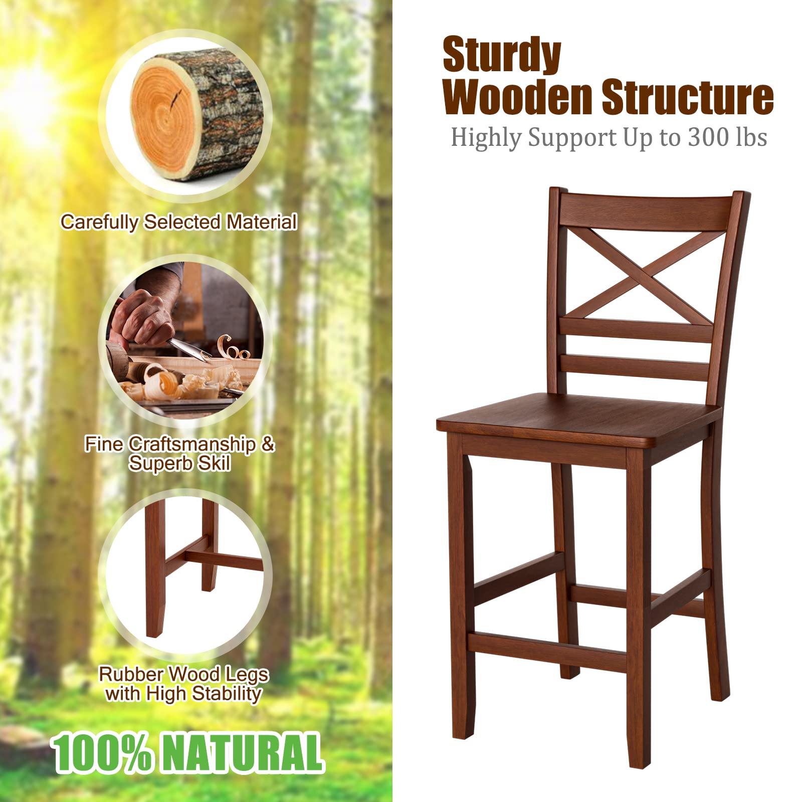 COSTWAY Bar Stools Set of 4, 25'' Antique Kitchen Counter Height Chairs with Wooden X-shaped Backrest & Rubber Wood Legs, Suitable for Home, Cafe Store, Restaurant (4)