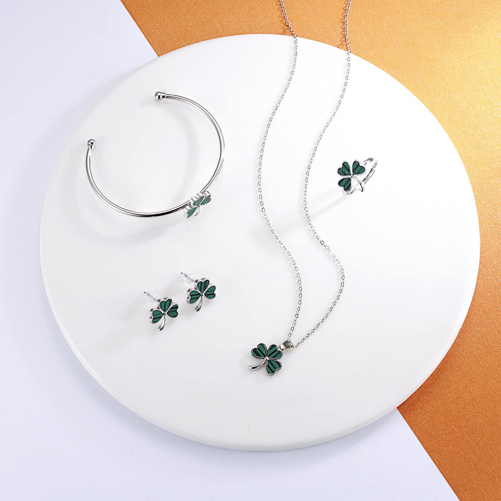 Shamrock St. Patrick's Day Necklace Earrings Ring Bracelet Jewelry Set Green Three Leaf Heart Clover Jewelry Gift for Women (Silver)