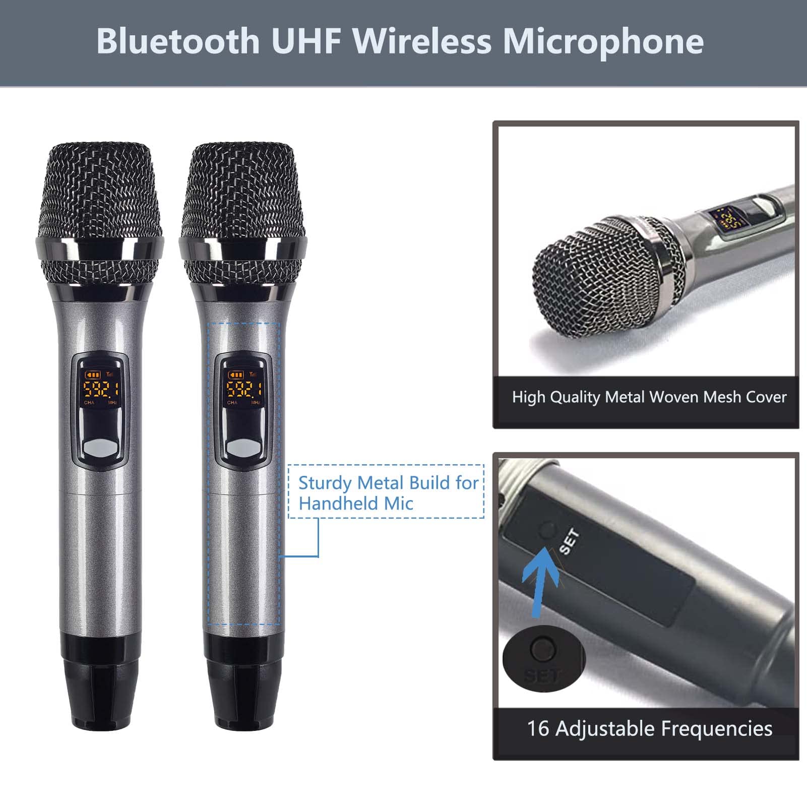 KOMISON UHF Handheld Wireless Karaoke Microphone System with Echo Cordless Mic Box with Receiver Metal for Singing Speech Meeting Church Wedding Home KTV Set, 280FT