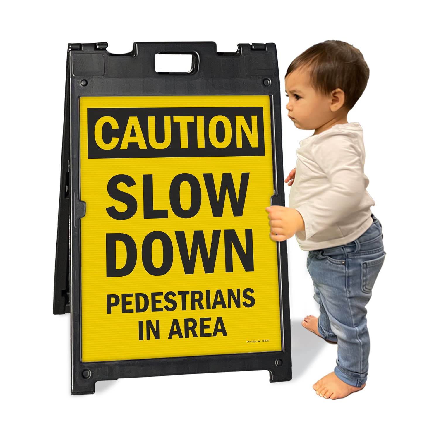 SmartSign 24 x 18 inch “Caution - Slow Down, Pedestrians In Area” Two-Sided BabyBoss A-Frame Sign Kit, Plastic, Black and Yellow (1 A-Frame + 2 Sign Panels), Made in USA