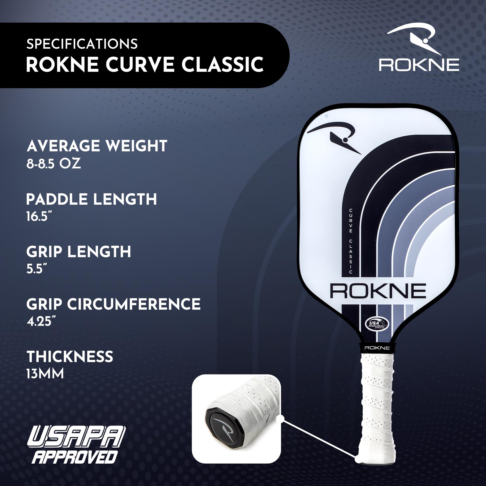 ROKNE Curve Classic Pickleball Paddle | USAPA Approved Fiberglass Pickleball Paddles | Elevate Your Game with Precision Engineering & Comfort | ProGrit Texture for Max Spin & Power | Paddle