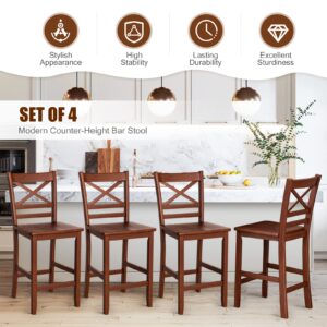 COSTWAY Bar Stools Set of 4, 25'' Antique Kitchen Counter Height Chairs with Wooden X-shaped Backrest & Rubber Wood Legs, Suitable for Home, Cafe Store, Restaurant (4)