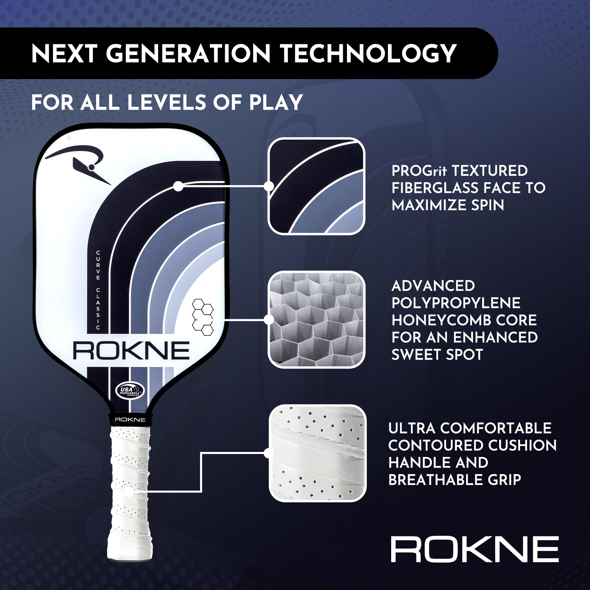 ROKNE Curve Classic Pickleball Paddle | USAPA Approved Fiberglass Pickleball Paddles | Elevate Your Game with Precision Engineering & Comfort | ProGrit Texture for Max Spin & Power | Paddle