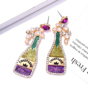 CEALXHENY Champagne Earrings Pearl Rhinestone Champagne Bottle Earrings for Women Wine Bottle Drop Dangle Earrings Holiday Party Celebration Earrings (Mardi Gras Color)