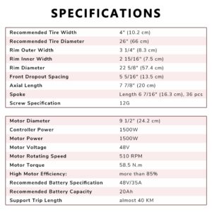 AW Electric Bike Conversion Kit 26" Front Wheel 48V 1500W EBike Conversion Kit for 4" Fat Tire Cycling Hub Motor W/LCD & PAS System Twist Throttle