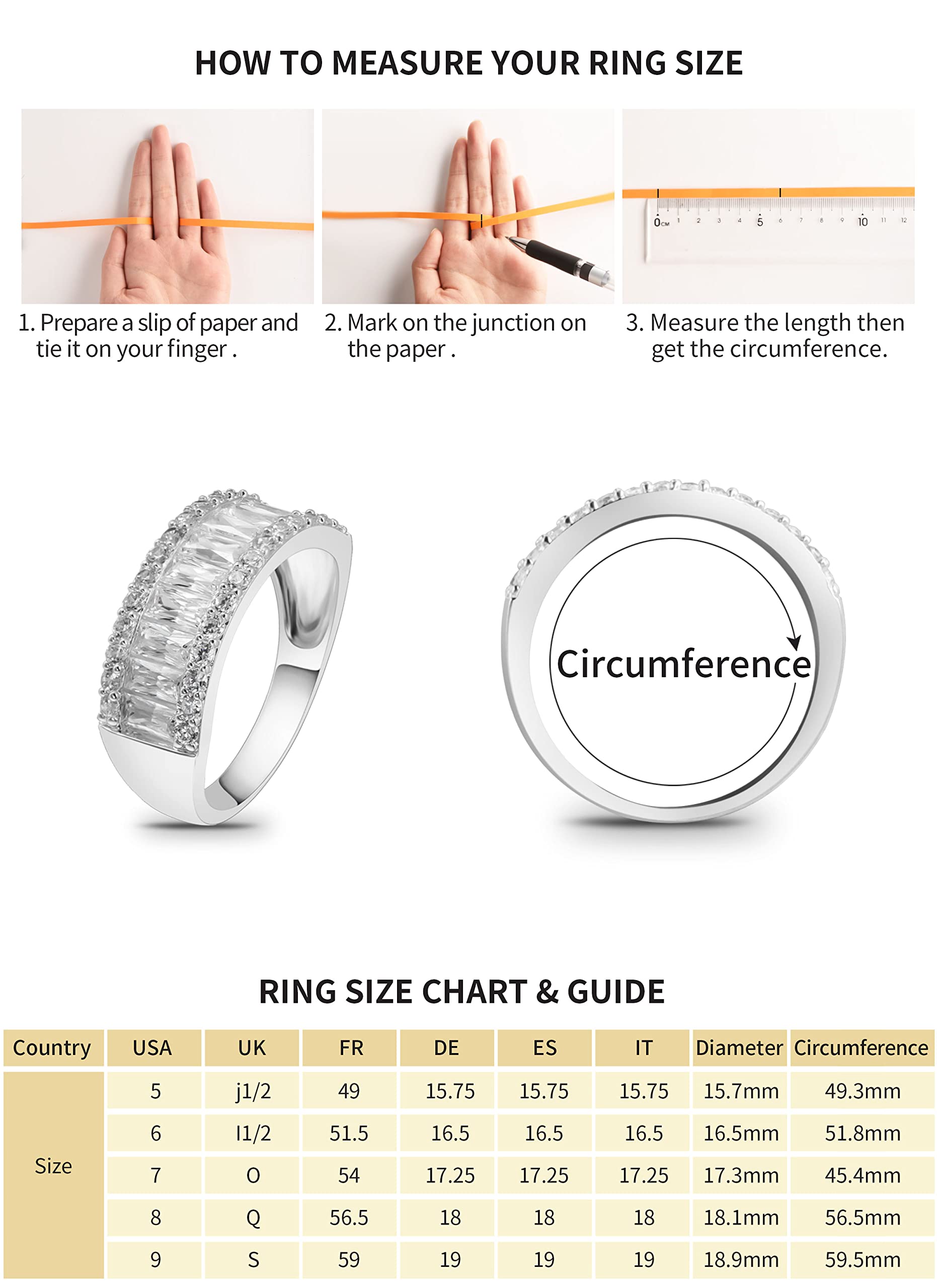 Beutirer 18K Gold Plated Rings for Women, 3-Row 5A Cubic Zirconia Ring Baguette Band Engagement Eternity Rings for Teen Girls Birthday Valentine's Day Anniversary Wedding Rings Size 5 6 7 8 9