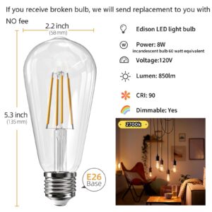 LED Edison Bulb E26 60 watt Light Bulbs Equivalent Dimmable 8W LED Bulb 2700K Warm White 800 Lumen Vintage LED Filament Bulbs Replacement Bulb for Kitchen Light Vanity Light Room Light, 6 Pack