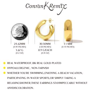 Thick Gold Chunky Hoops Earrings for Women Water Proof,18K Real Gold Plated Open Hoop Lightweight Hollow Non-Tarnish Earrings For Women