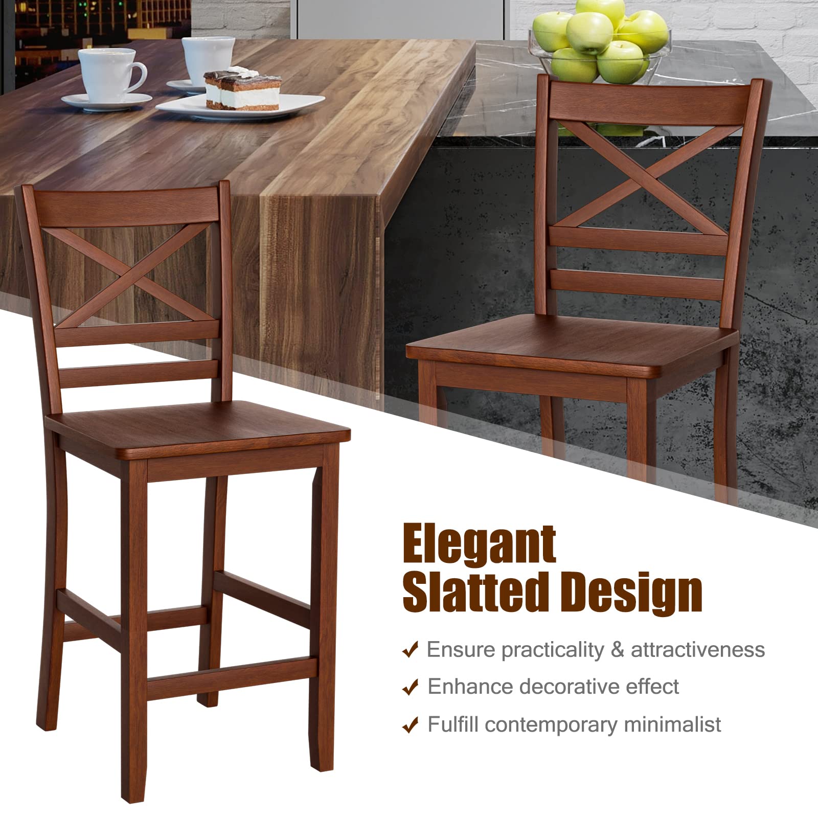 COSTWAY Bar Stools Set of 4, 25'' Antique Kitchen Counter Height Chairs with Wooden X-shaped Backrest & Rubber Wood Legs, Suitable for Home, Cafe Store, Restaurant (4)