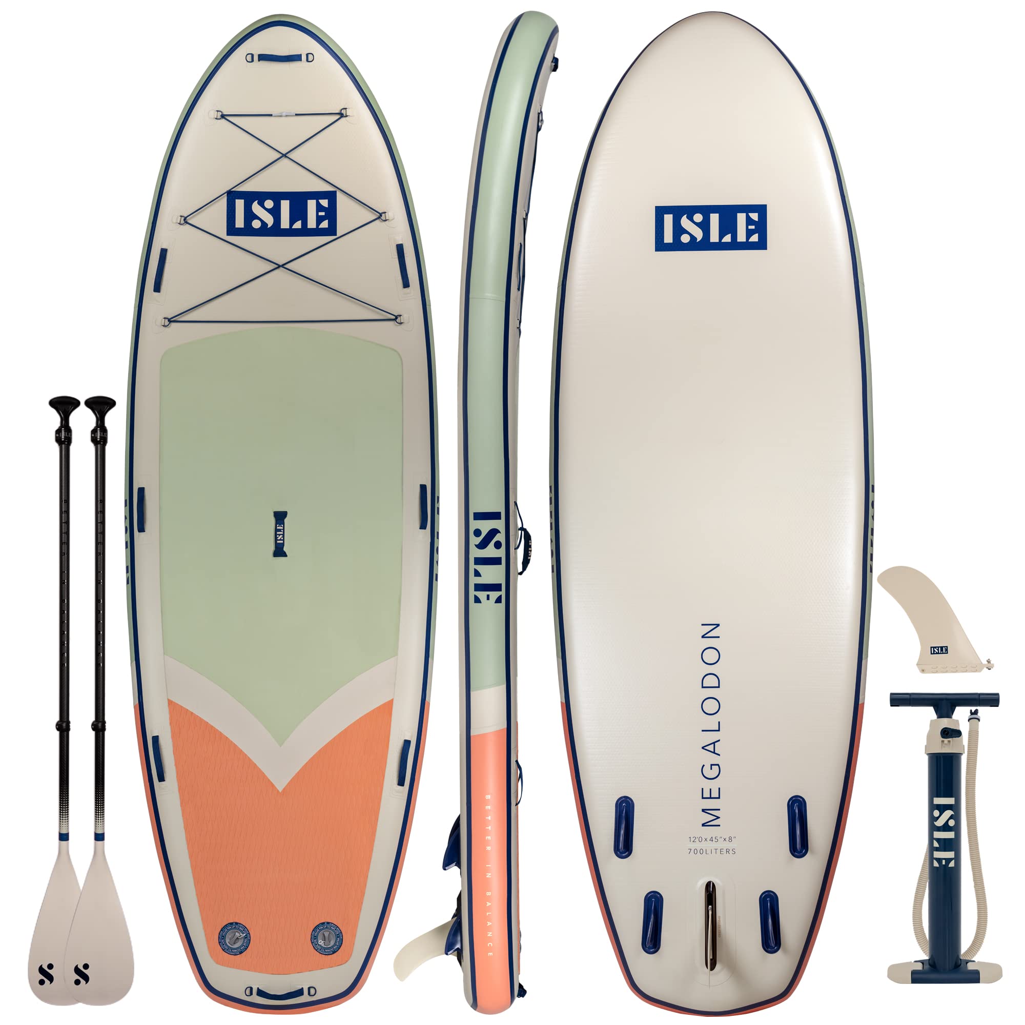 ISLE Megalodon Inflatable Stand Up Paddle Board & iSUP Bundle Accessory Pack - Up to 1,050 lbs Capacity — Durable, Lightweight, Stable — 12' L x 45" W x 8" OR 15' L x 56" W x 8" (Seafoam/Peach, 15')