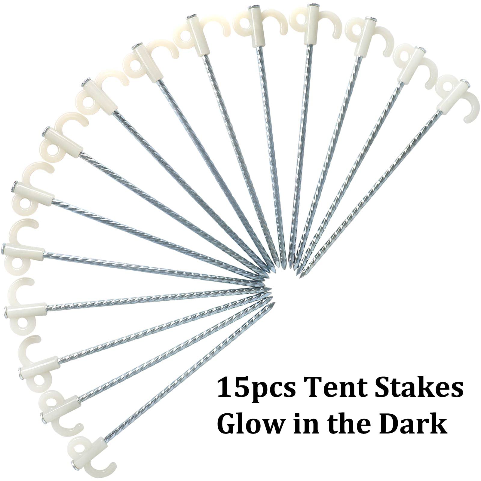 15Pcs Dortanmy 25cm Luminous Metal Camping Tent Pegs with Glow in The Dark Plastic Stopper, Threaded Glow in The Dark Camping Tent Stakes, Durable Steel Glow-in-The-Dark Garden Ground Anchor Pegs