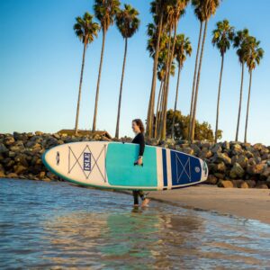 ISLE Megalodon Inflatable Stand Up Paddle Board & iSUP Bundle Accessory Pack - Up to 1,050 lbs Capacity — Durable, Lightweight, Stable — 12' L x 45" W x 8" OR 15' L x 56" W x 8" (Seafoam/Peach, 15')