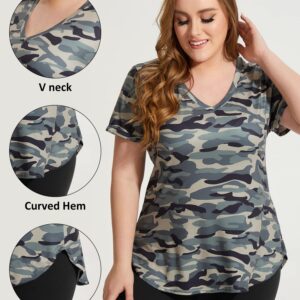 FOREYOND Plus Size Workout Tops for Women T Shirts Loose Fit V Neck Clothing Yoga Casual Summer Tie Dye Military Green 3X