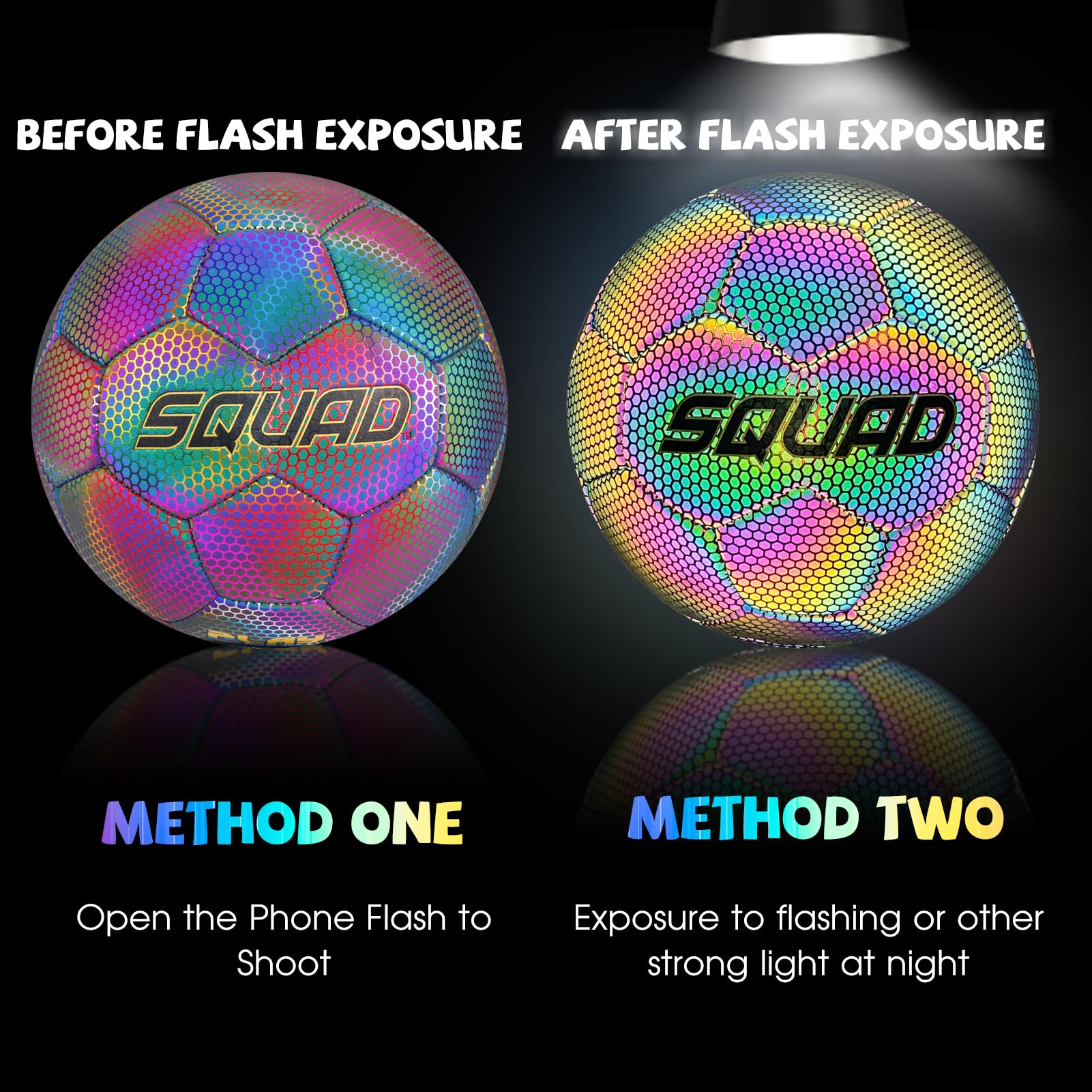 SQUAD Holographic Reflective Soccer Ball Size 5 - Reflective Glowing Ball for Night Games & Training - Durable PU Leather and Rubber Airbags - Cool & Unique Gift for Soccer Fans