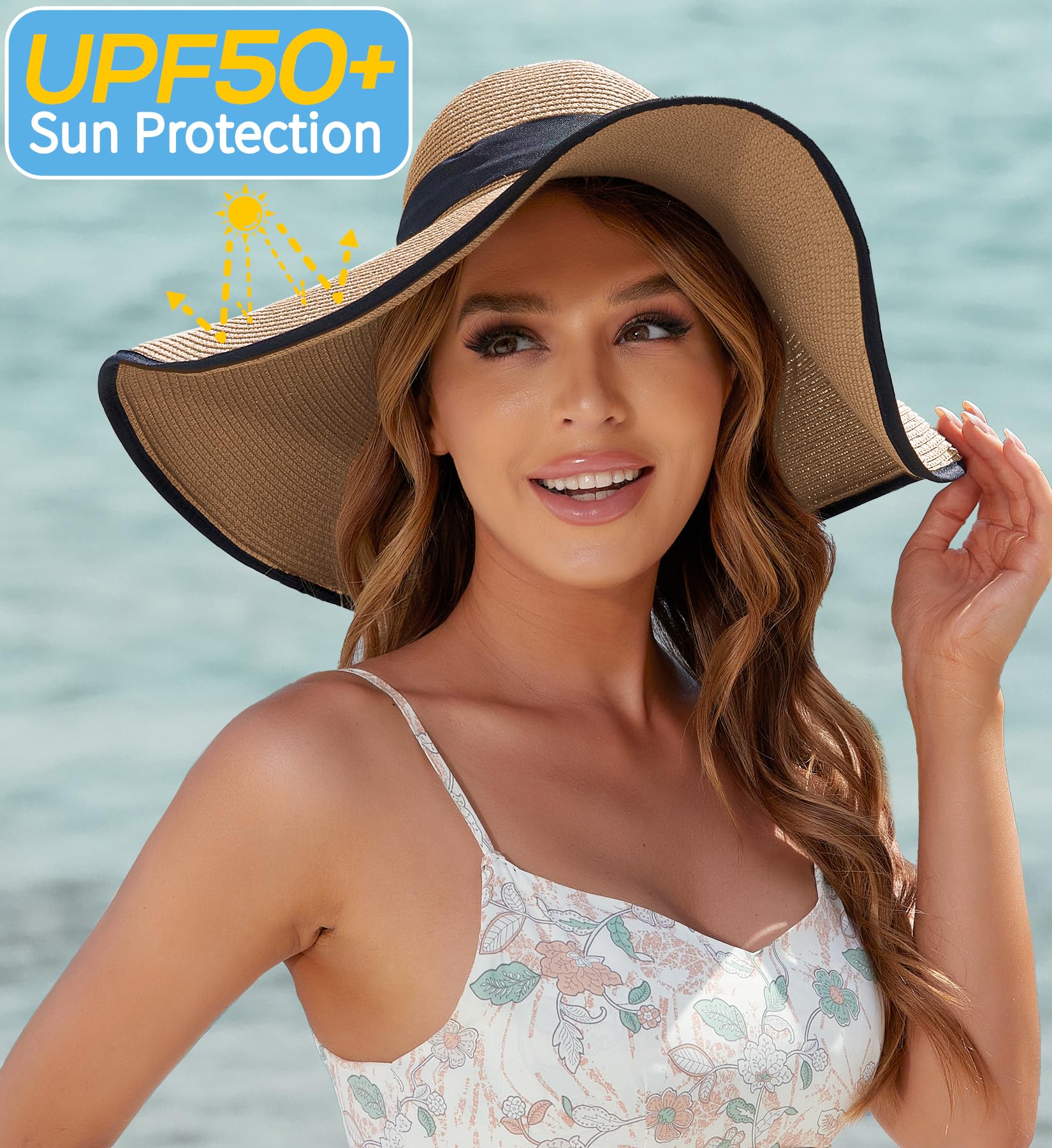 Sun Hats for Women with Ponytail Hole, Wide Brim Beach Hats for Women, Floppy Straw Hat Foldable, Packable Summer Hats Women Khaki