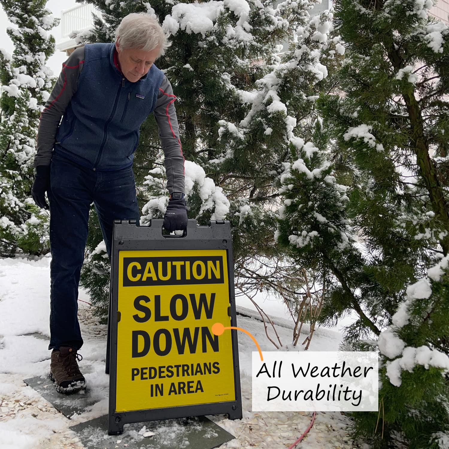 SmartSign 24 x 18 inch “Caution - Slow Down, Pedestrians In Area” Two-Sided BabyBoss A-Frame Sign Kit, Plastic, Black and Yellow (1 A-Frame + 2 Sign Panels), Made in USA