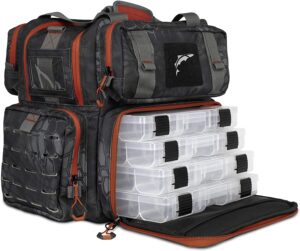 ego kryptek tackle box, fishing pack with 4 accessory trays, water resistant pvc, multiple storage pockets, tool bag, g-hook closure system