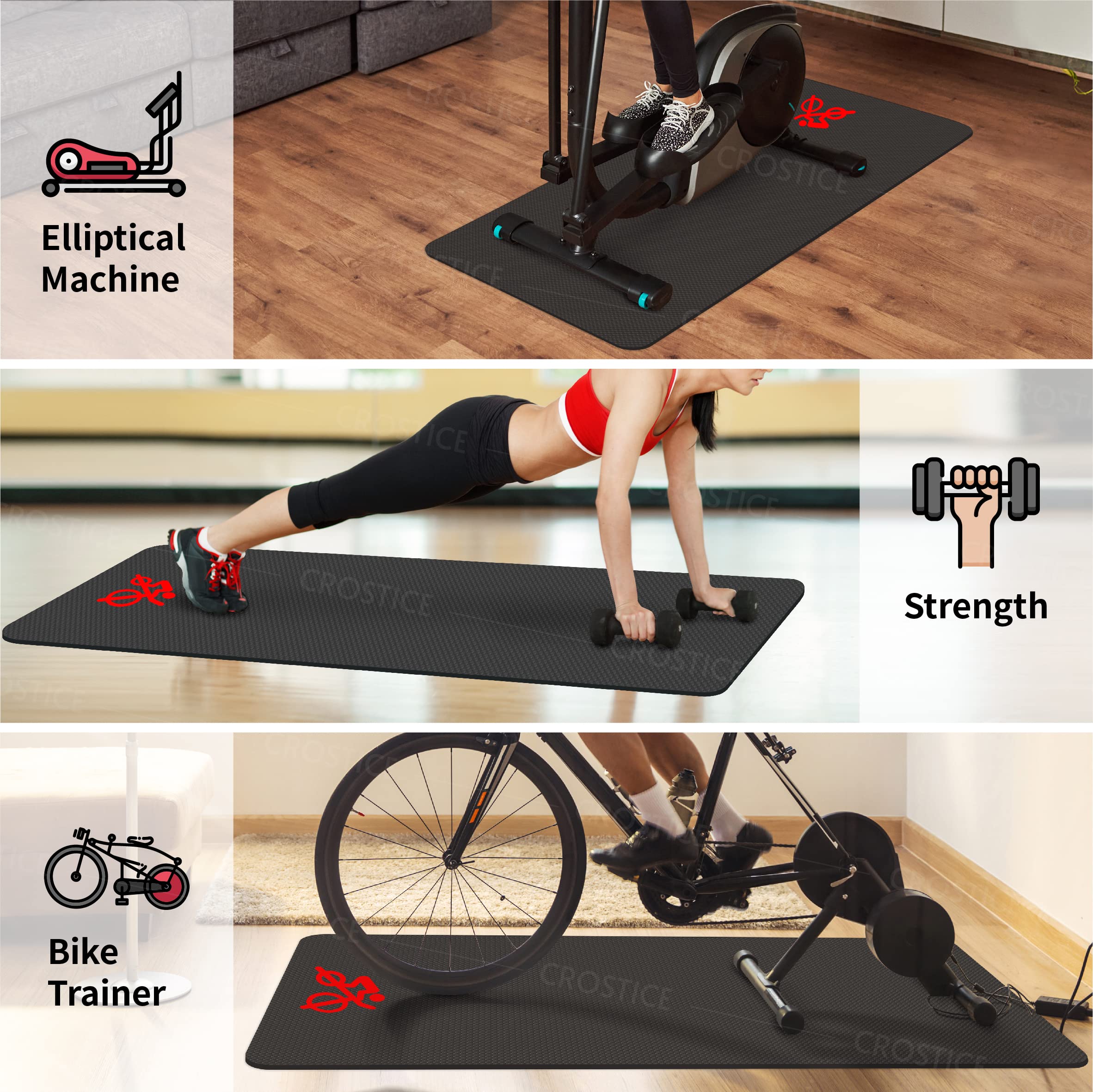 Crostice, Crostice, Crostice Bike Trainer Mat Compatible with Peloton Bike, for Treadmill & Row, 6mm Under Mat Protect Hardwood Floor Carpet, 30X60 in, Logo Style Trainer Accessory for Indoor Bike