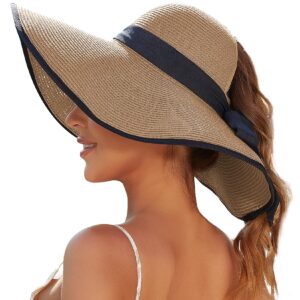 sun hats for women with ponytail hole, wide brim beach hats for women, floppy straw hat foldable, packable summer hats women khaki