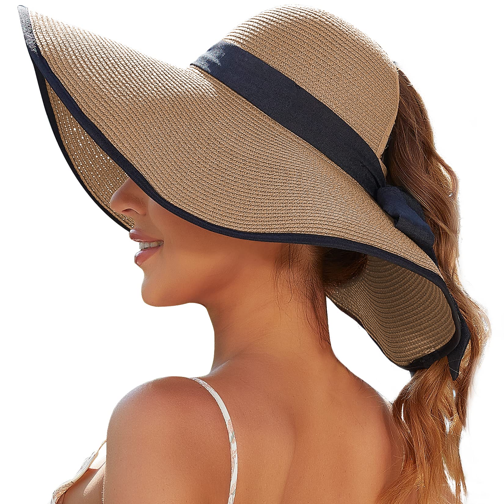 Sun Hats for Women with Ponytail Hole, Wide Brim Beach Hats for Women, Floppy Straw Hat Foldable, Packable Summer Hats Women Khaki