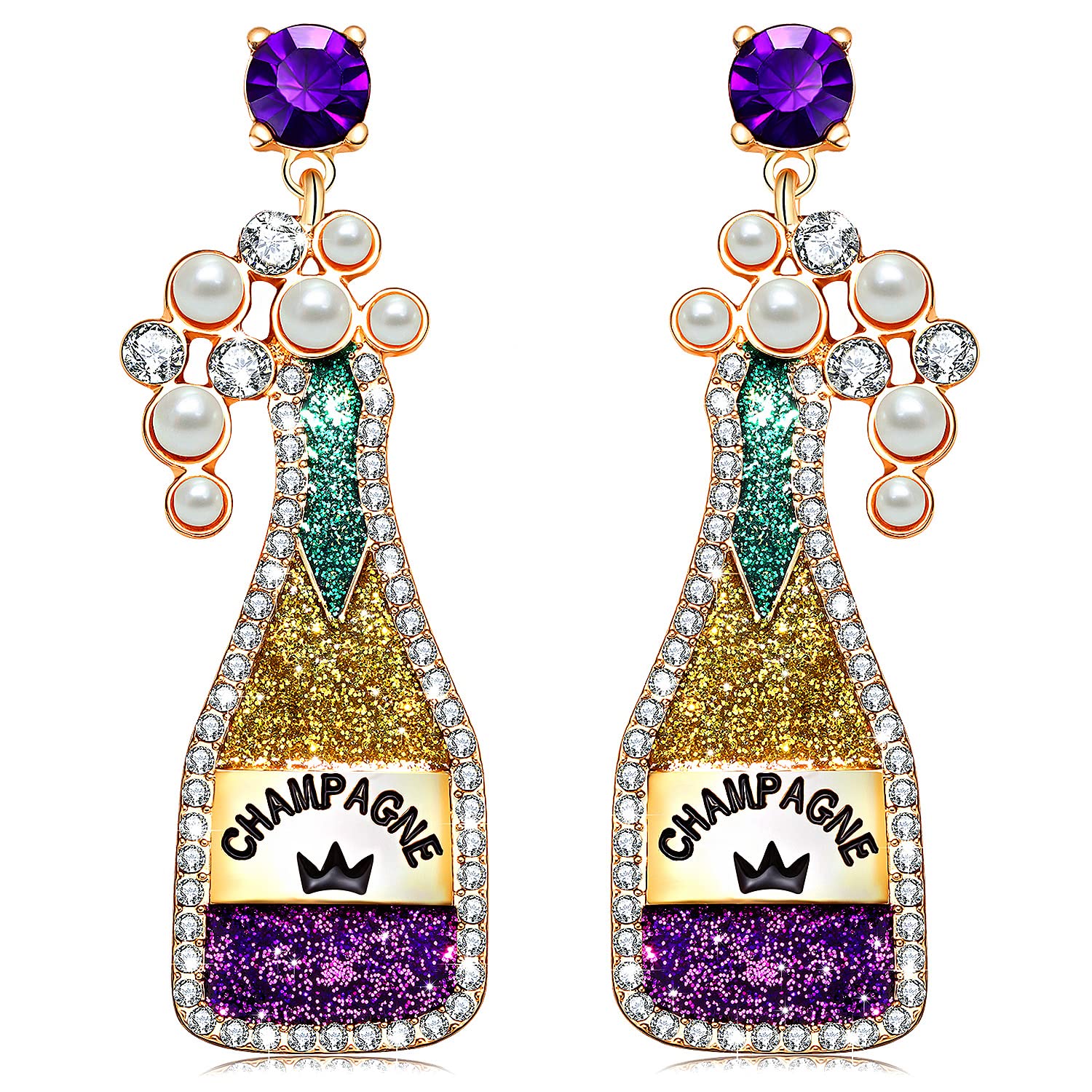 CEALXHENY Champagne Earrings Pearl Rhinestone Champagne Bottle Earrings for Women Wine Bottle Drop Dangle Earrings Holiday Party Celebration Earrings (Mardi Gras Color)