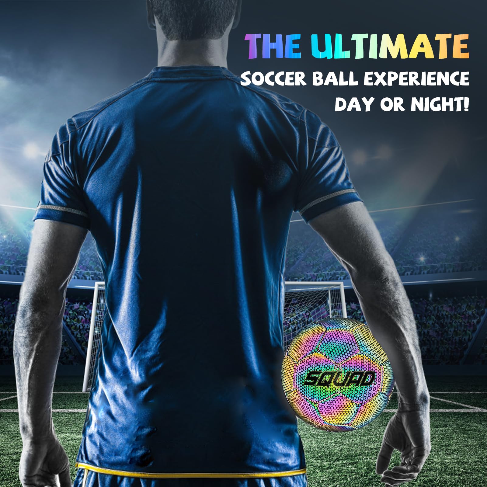 SQUAD Holographic Reflective Soccer Ball Size 5 - Reflective Glowing Ball for Night Games & Training - Durable PU Leather and Rubber Airbags - Cool & Unique Gift for Soccer Fans