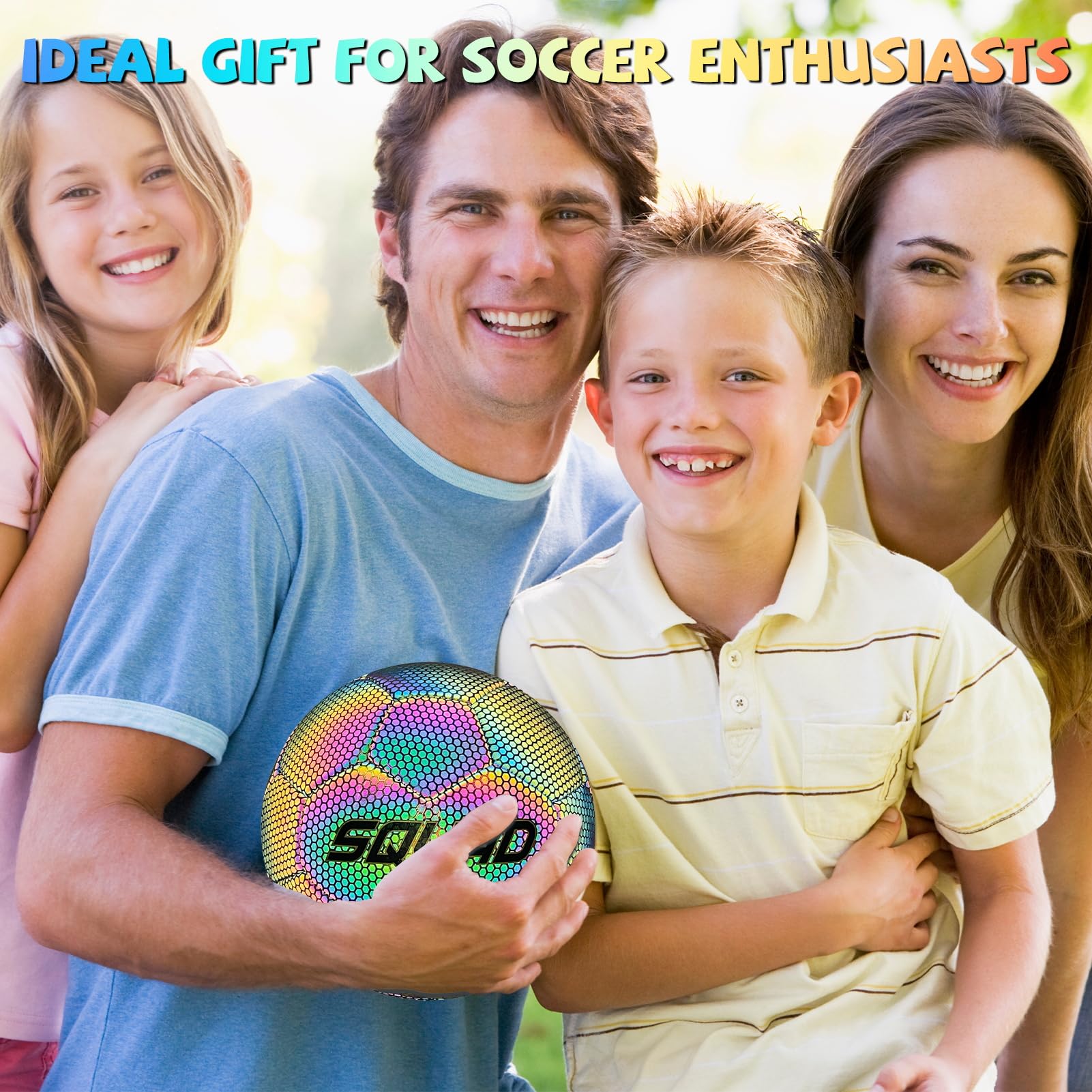 SQUAD Holographic Reflective Soccer Ball Size 5 - Reflective Glowing Ball for Night Games & Training - Durable PU Leather and Rubber Airbags - Cool & Unique Gift for Soccer Fans