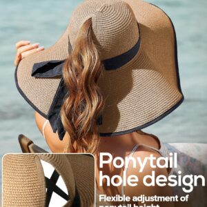 Sun Hats for Women with Ponytail Hole, Wide Brim Beach Hats for Women, Floppy Straw Hat Foldable, Packable Summer Hats Women Khaki