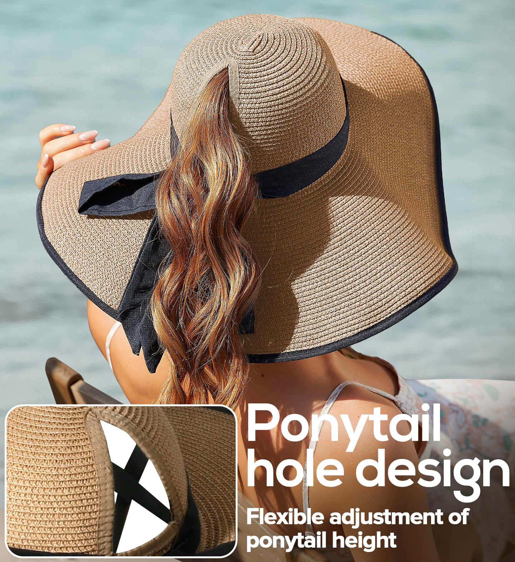 Sun Hats for Women with Ponytail Hole, Wide Brim Beach Hats for Women, Floppy Straw Hat Foldable, Packable Summer Hats Women Khaki