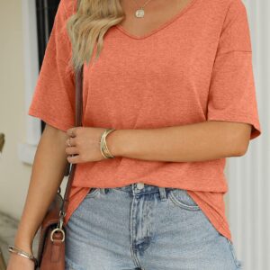 MIROL Women's Half Sleeve T Shirts Fashion V Neck Oversized Loose Tops Solid Casual Basic Blouses Orange