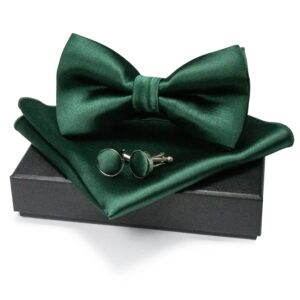 RBOCOTT Forest Green Bow Tie Silk bowtie and Pocket Square with Cufflinks Sets for men Party