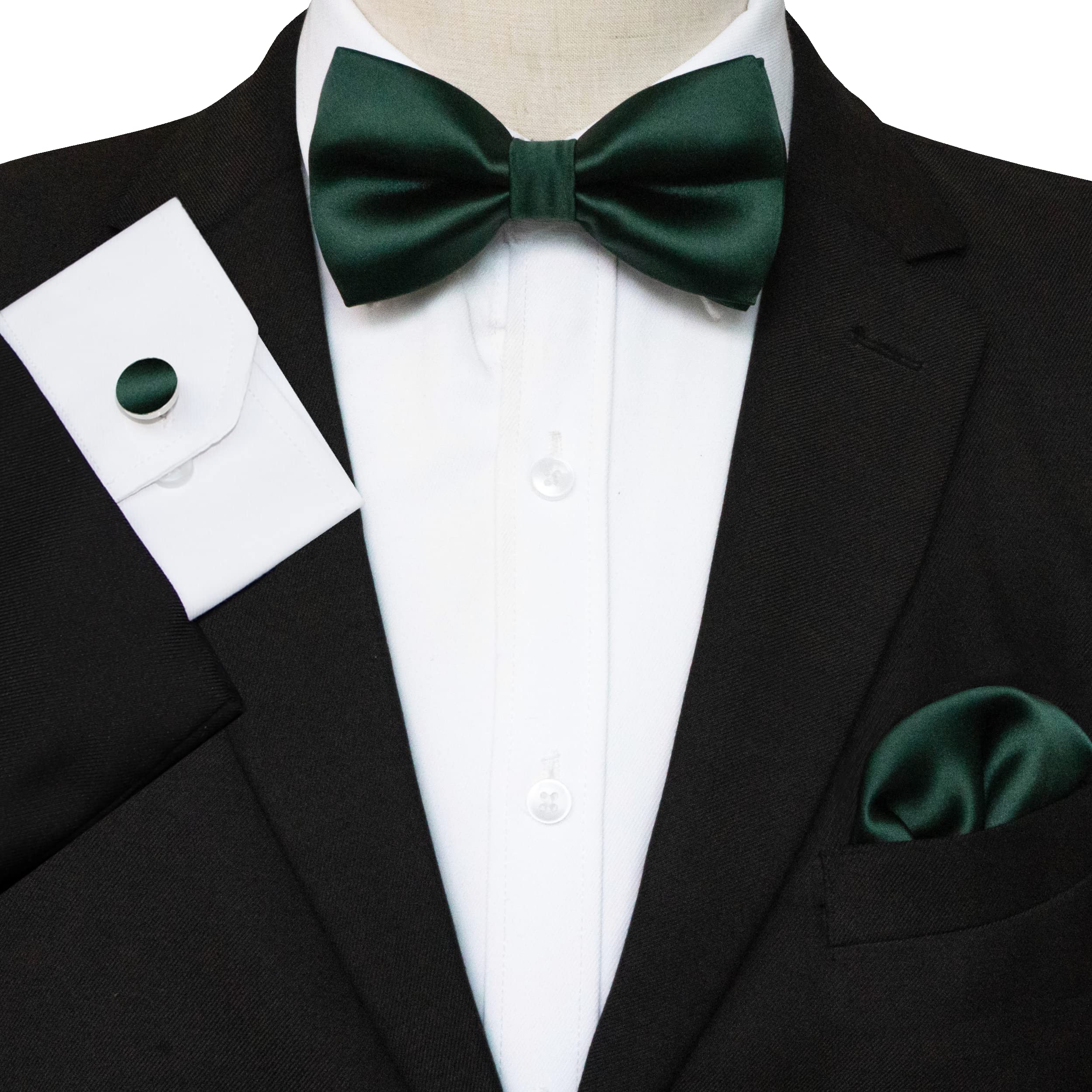 RBOCOTT Forest Green Bow Tie Silk bowtie and Pocket Square with Cufflinks Sets for men Party