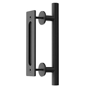 WINSOON 8FT Wood Double Sliding Barn Door Hardware Basic Black Big Spoke Wheel Roller Kit with 2PCS 12 Inch Sliding Barn Door Handles Black Hardware with Pull and Flush Barn Door Handle Set