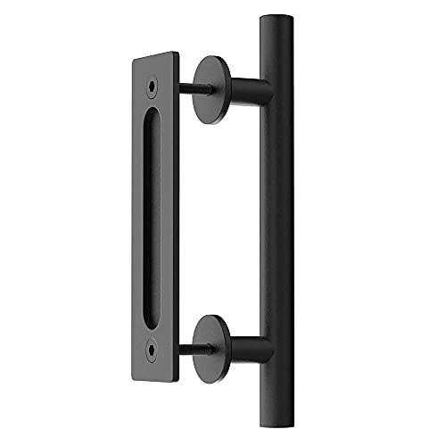 WINSOON 8FT Wood Double Sliding Barn Door Hardware Basic Black Big Spoke Wheel Roller Kit with 2PCS 12 Inch Sliding Barn Door Handles Black Hardware with Pull and Flush Barn Door Handle Set