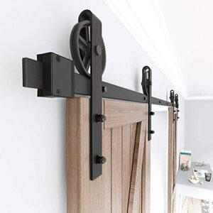 WINSOON 8FT Wood Double Sliding Barn Door Hardware Basic Black Big Spoke Wheel Roller Kit with 2PCS 12 Inch Sliding Barn Door Handles Black Hardware with Pull and Flush Barn Door Handle Set